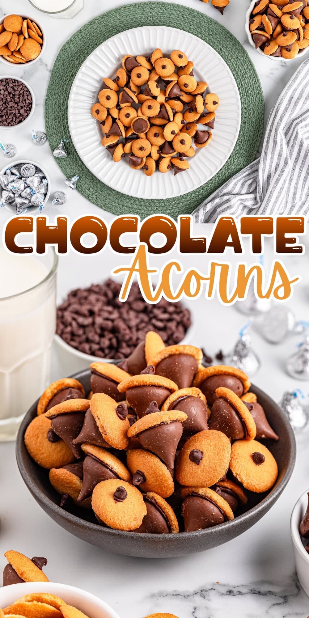 Chocolate acorn treats made with cookies and chocolate in bowls on a table.