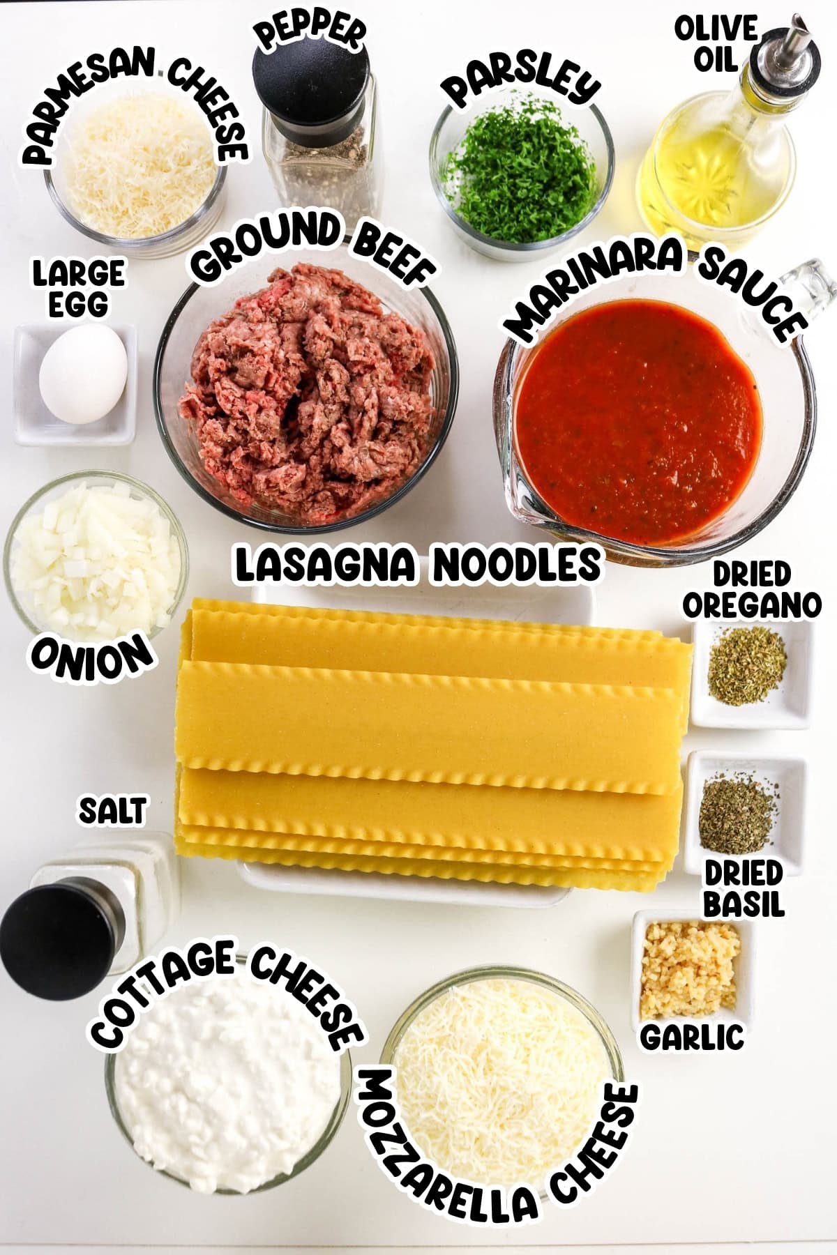Lasagna ingredients arranged in bowls and labeled on a white background.