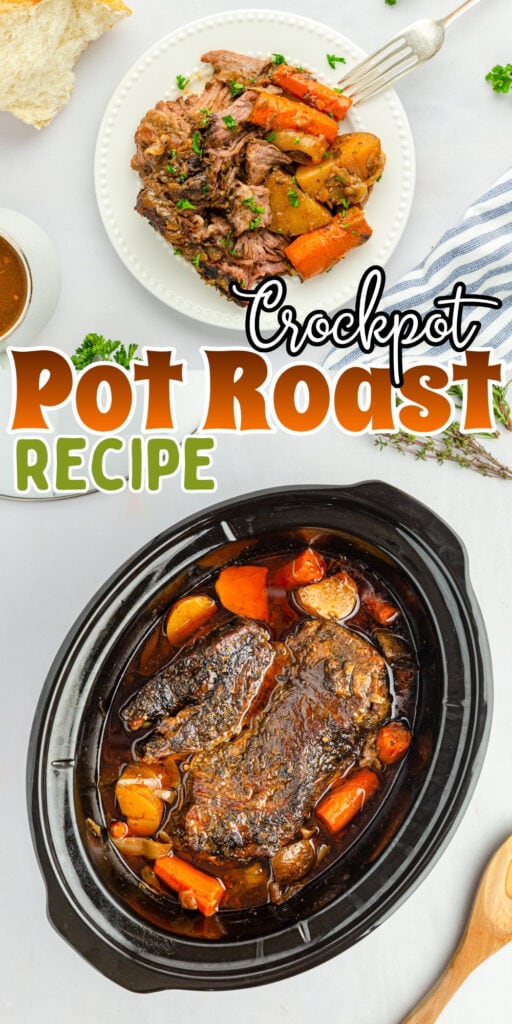 Crockpot pot roast with carrots and potatoes on a plate and in a slow cooker.