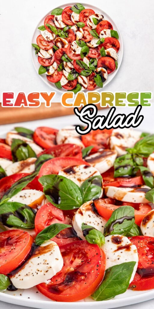 Sliced tomatoes, mozzarella, basil, and balsamic drizzle on a white plate.