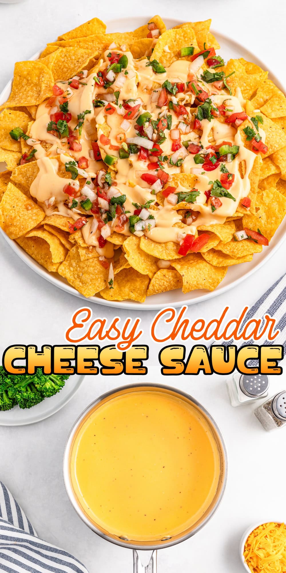 Nachos topped with cheddar cheese sauce and salsa next to a pot of cheese sauce.