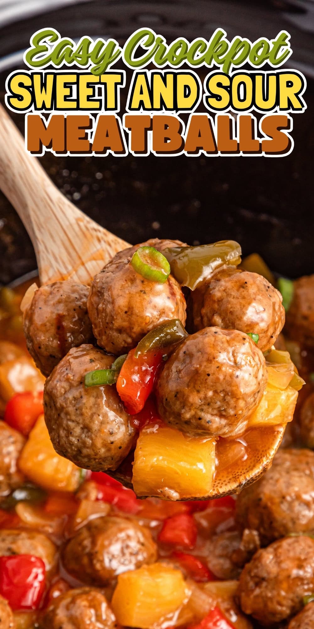 A wooden spoon lifts sweet and sour meatballs with peppers and pineapple.
