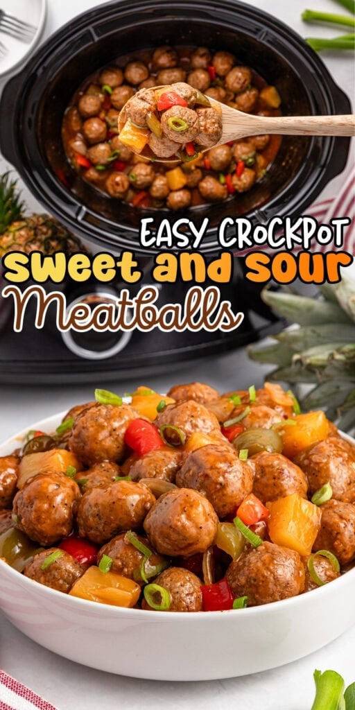 Meatballs with peppers and pineapple in a crockpot and served in a white bowl.