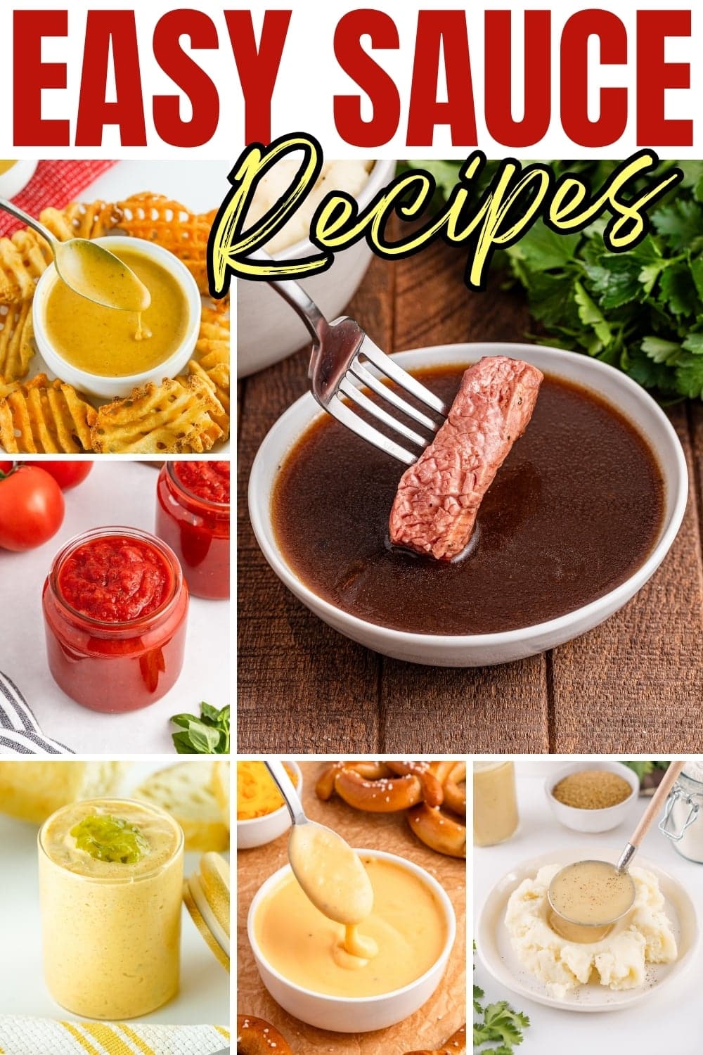 Sauces in bowls and jars, with foods like steak, fries, and pretzels.