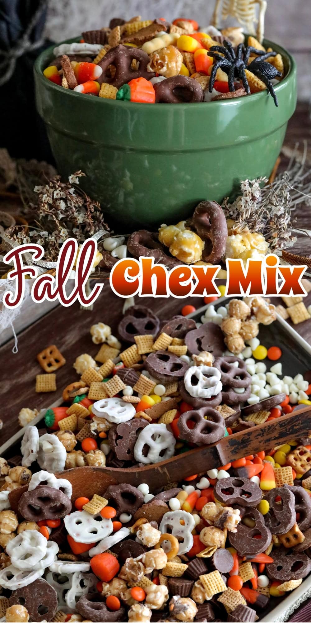 Bowl and tray of fall Chex mix with pretzels, candy corn, and popcorn.