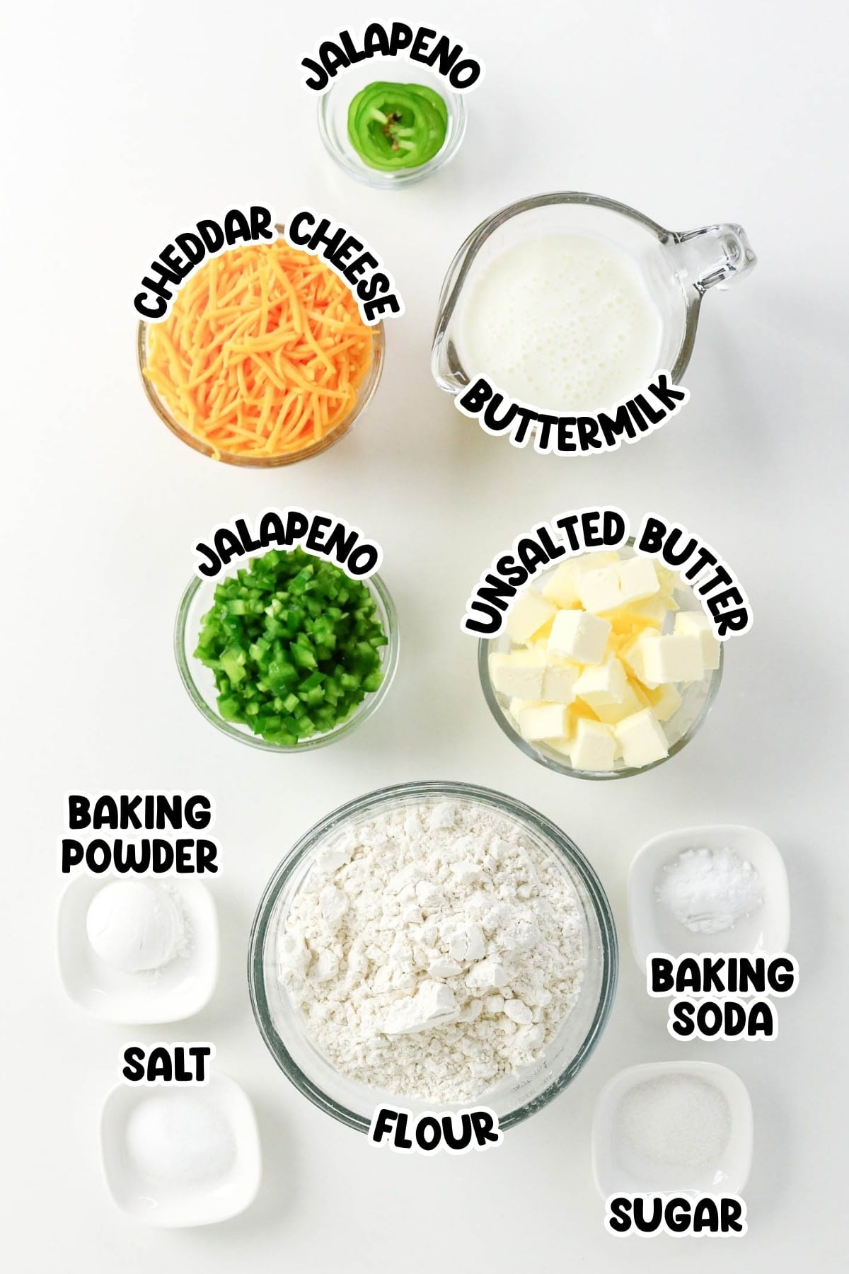 Cheddar, buttermilk, jalapeno, butter, flour, baking powder, salt, soda, sugar.