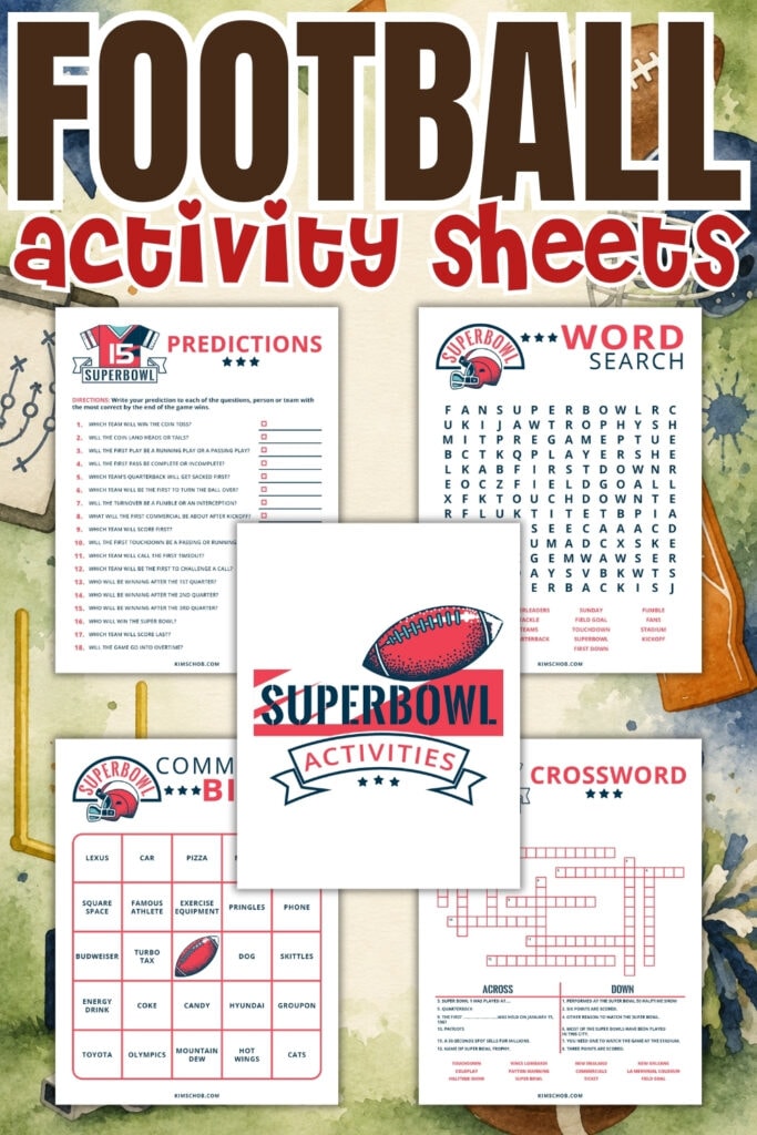 Football-themed activity sheets with word search, predictions, and crossword.