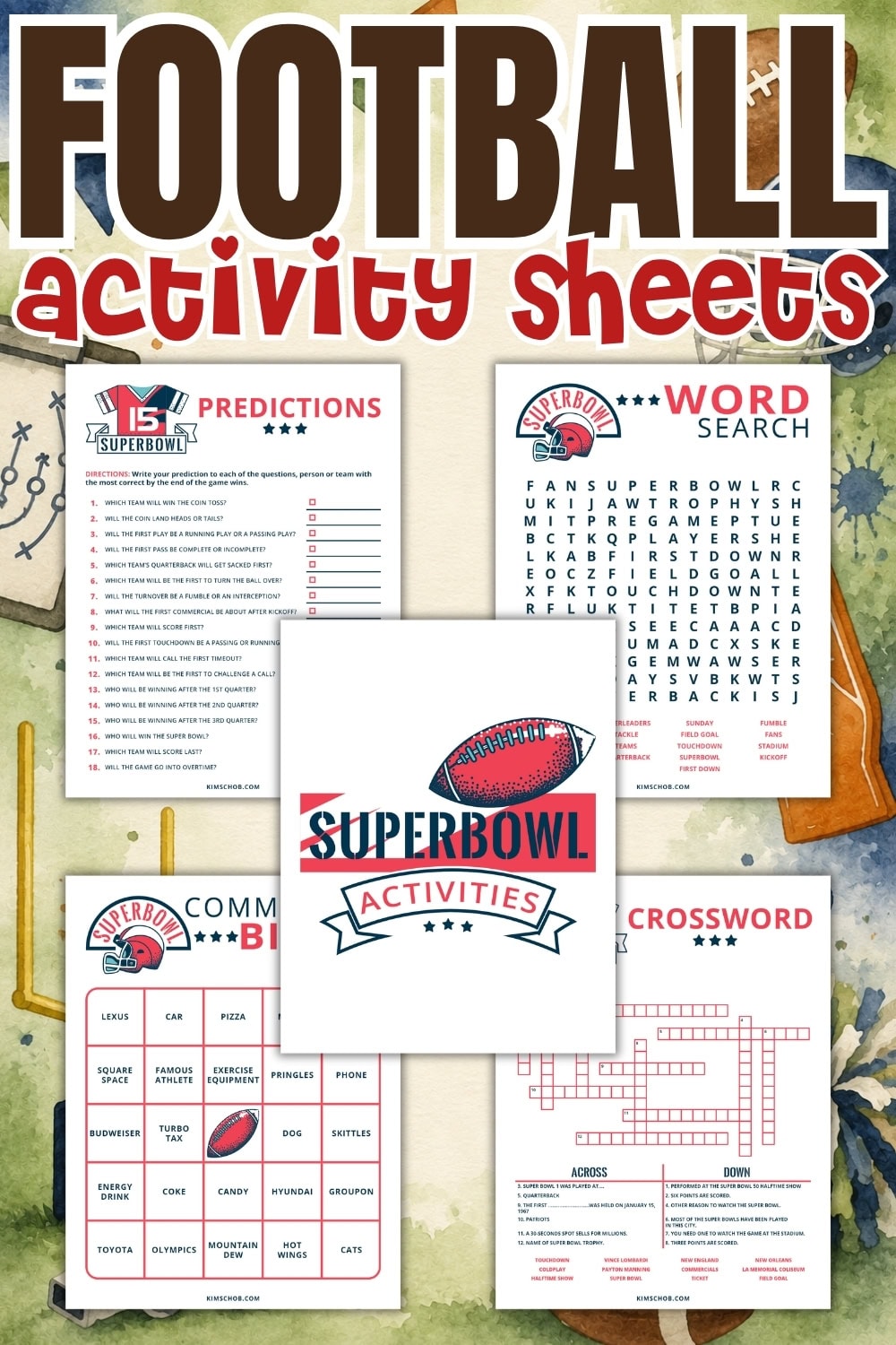 Football-themed activity sheets with word search, predictions, and crossword.