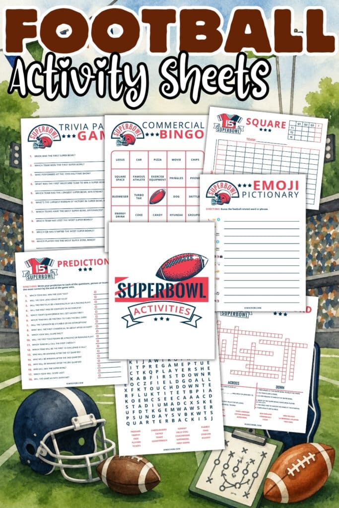 Football-themed activity sheets displayed on a stadium background with a helmet.