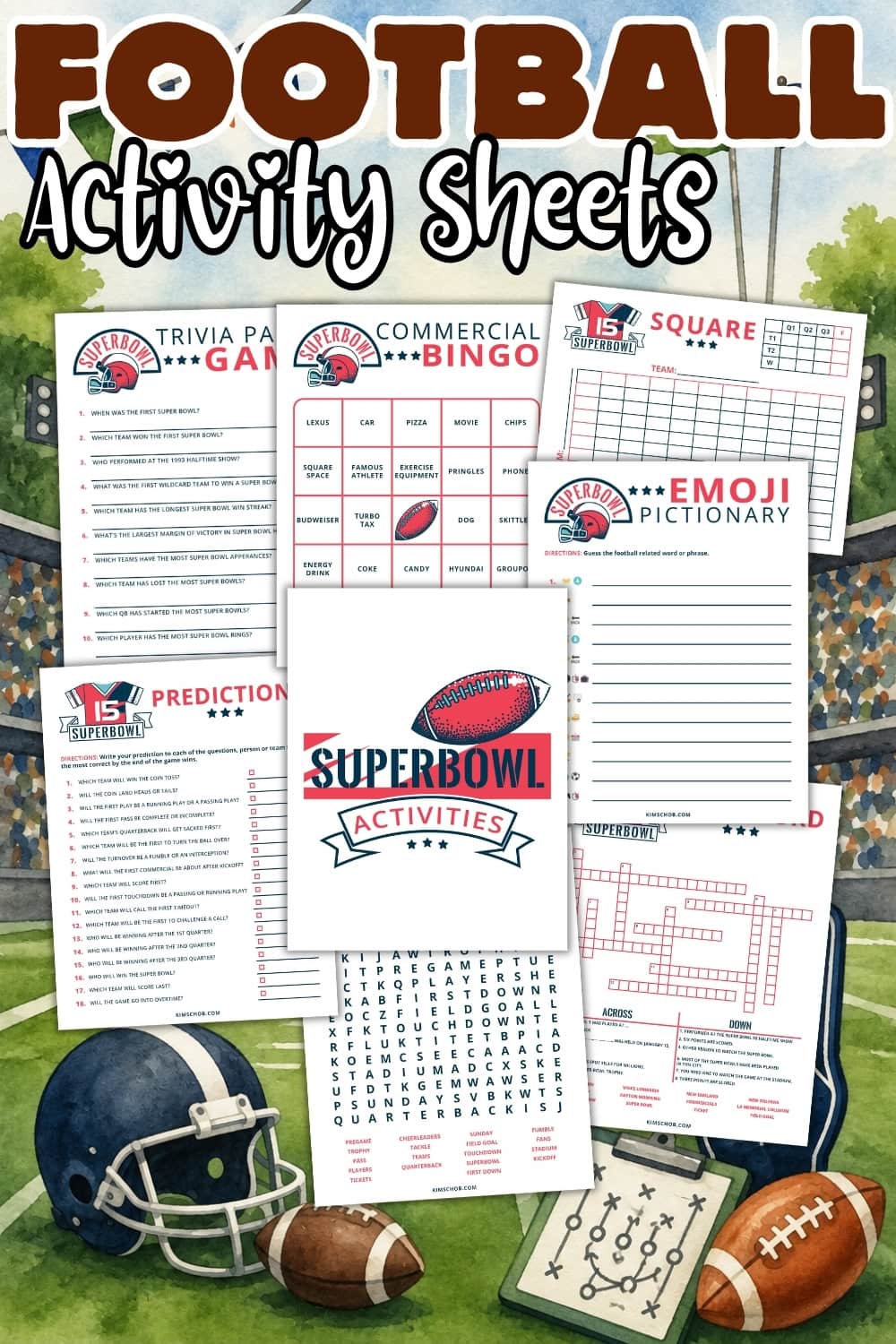 Football-themed activity sheets displayed on a stadium background with a helmet.