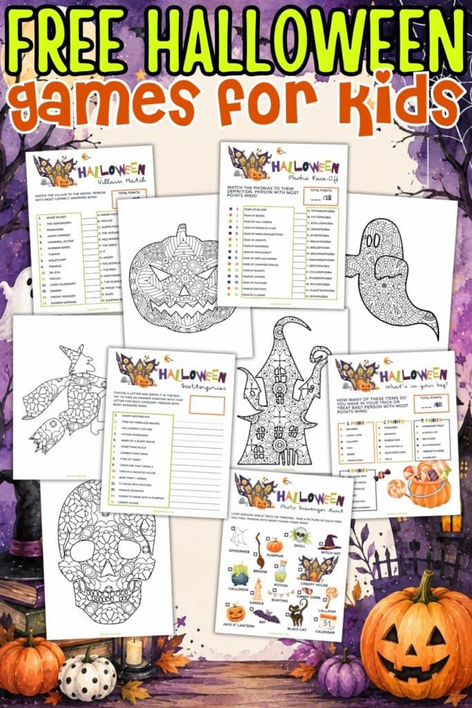 Halloween activity sheets and coloring pages with pumpkins and spooky decor.