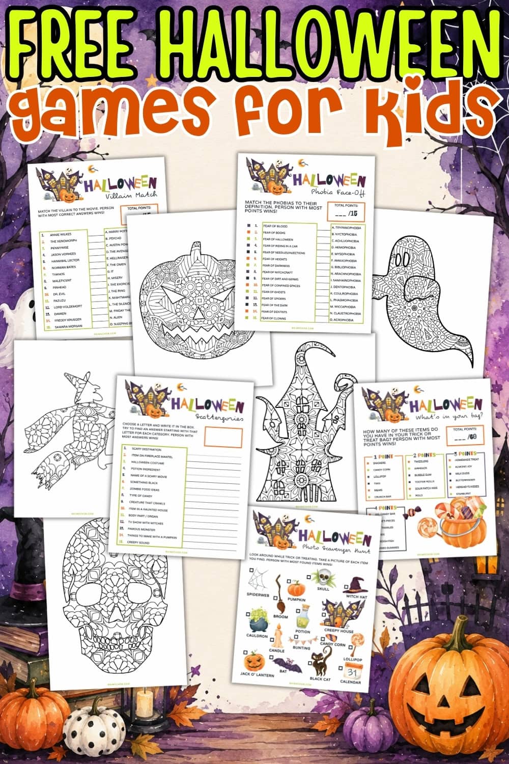 Halloween activity sheets and coloring pages with pumpkins and spooky decor.