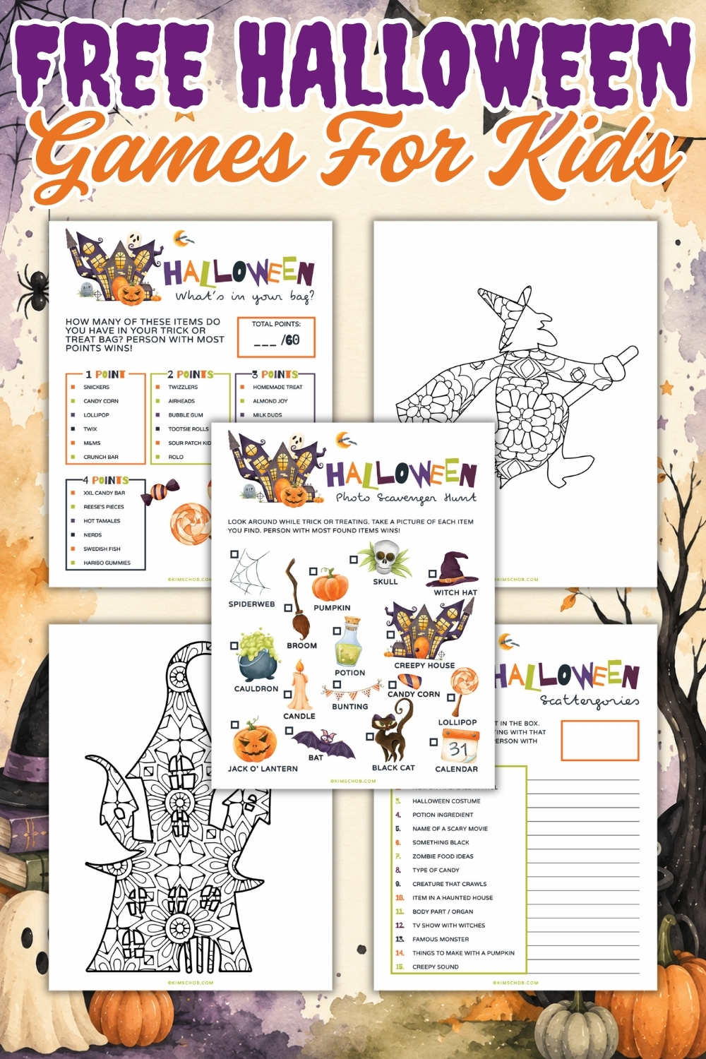 Halloween-themed printable games and coloring pages for kids.