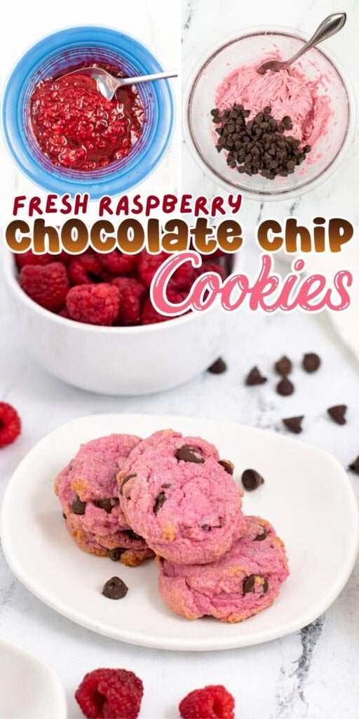 Two pink cookies with chocolate chips on a plate, raspberries and chips nearby.