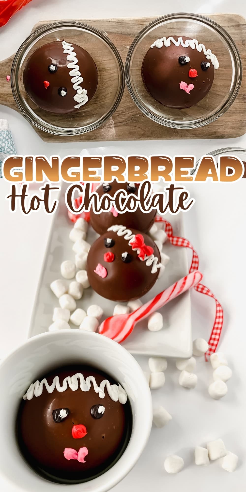 Chocolate spheres decorated like gingerbread faces with marshmallows and candy.