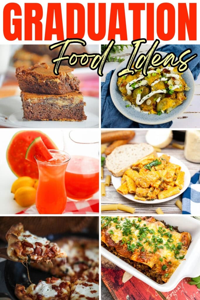 Graduation food dishes, including drinks, pizza, and desserts.