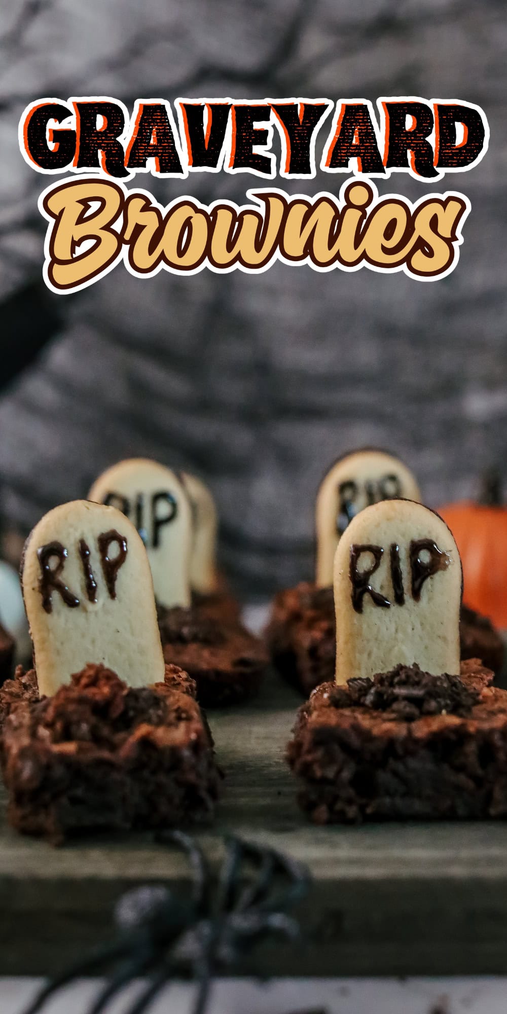 Brownies topped with cookie tombstones labeled RIP.