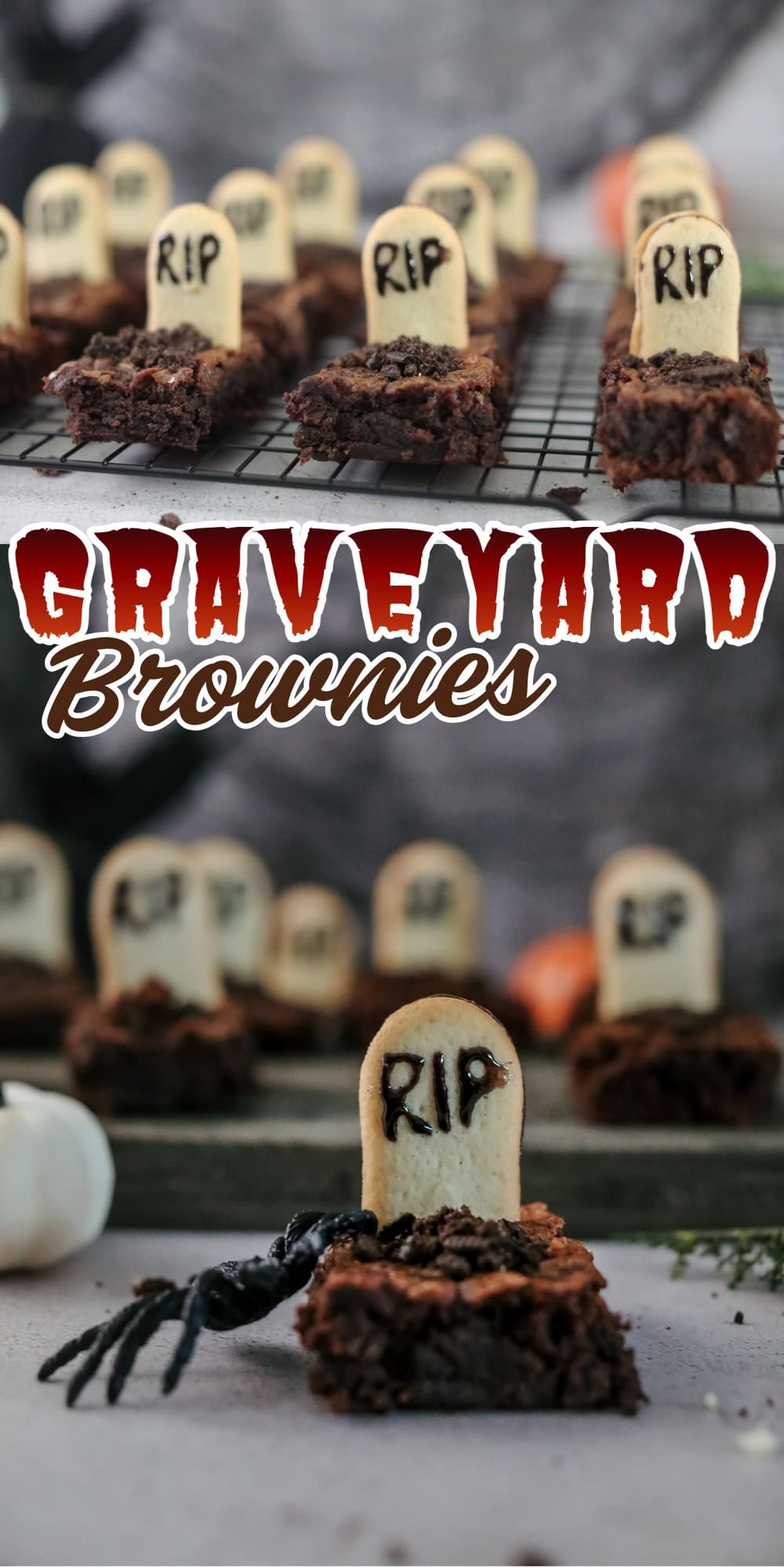 Brownies with cookie tombstones labeled RIP for a graveyard Halloween treat.
