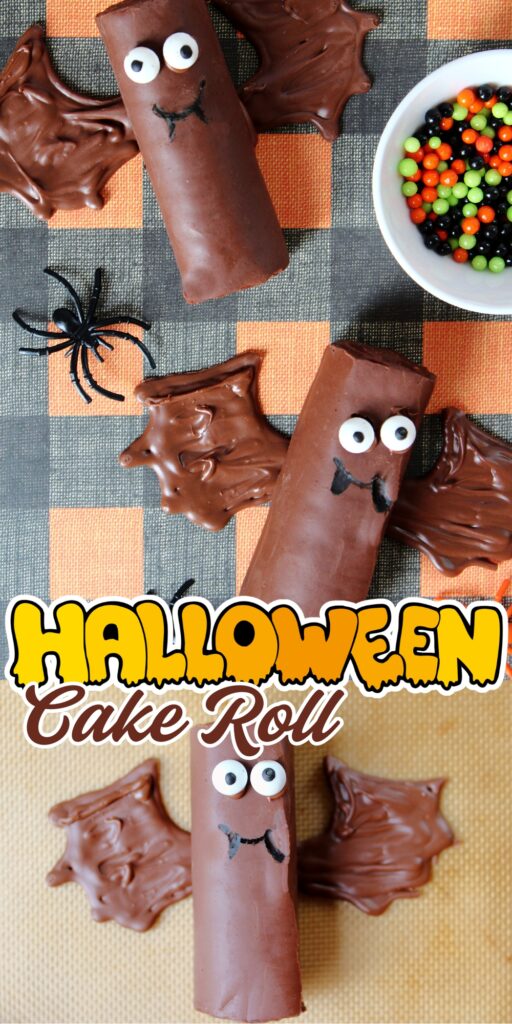 Chocolate cake rolls decorated as bats with candy eyes and chocolate wings.