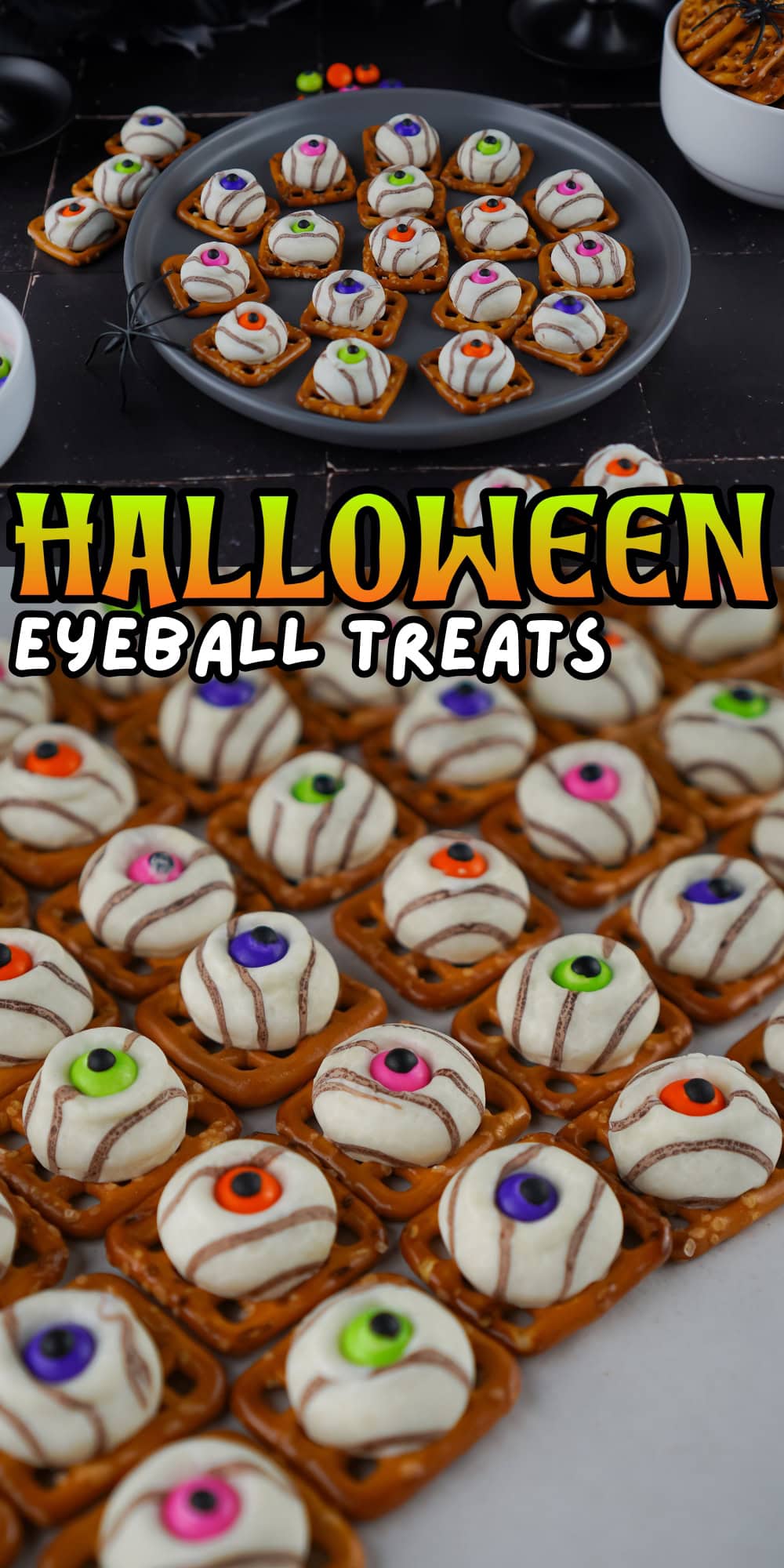 Halloween pretzel treats with candy eyes are a spooky, fun, and easy snack.