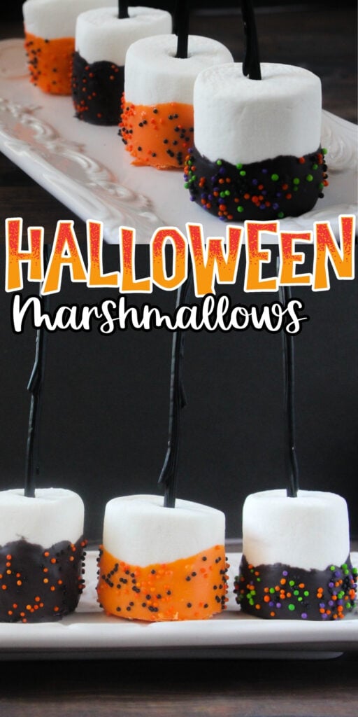 Marshmallows dipped in chocolate and orange sprinkles on a white plate.