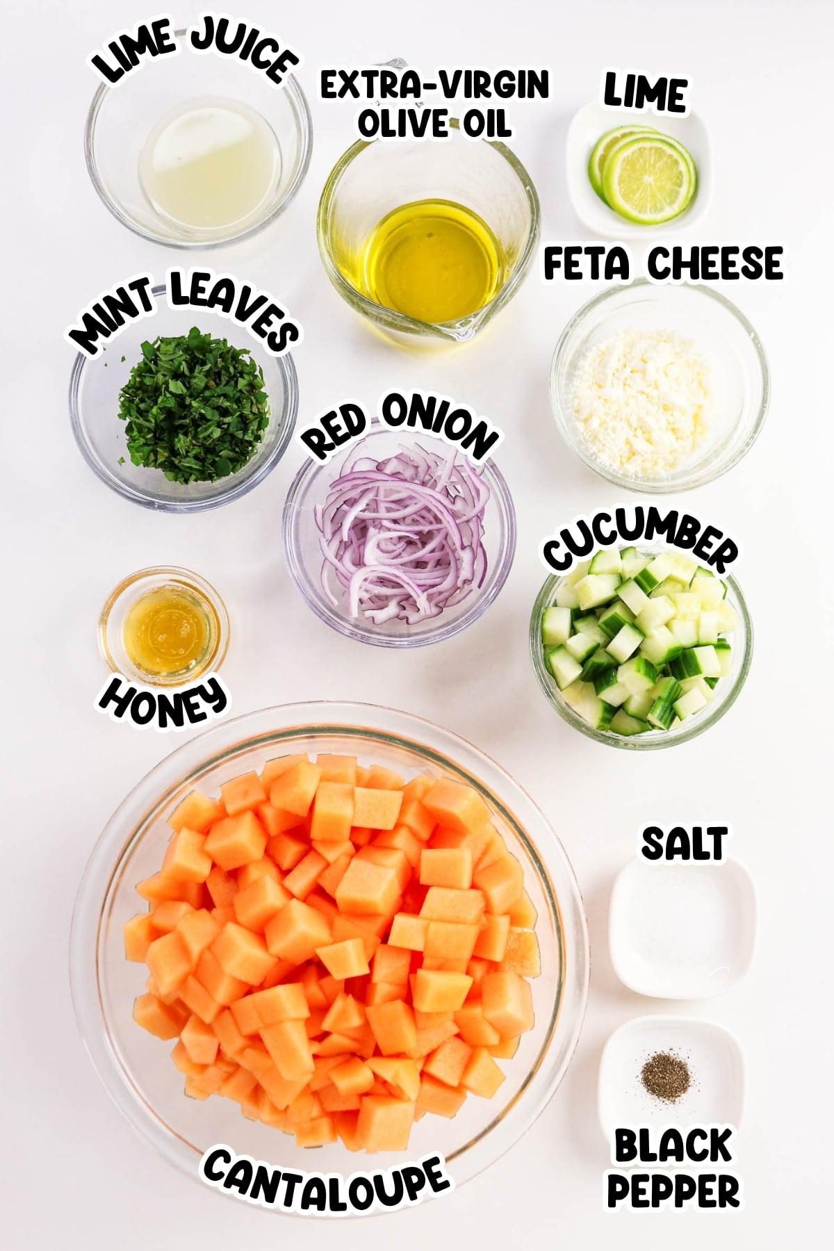 Bowls of cantaloupe, cucumber, onion, cheese, oil, lime juice, mint, and spices.