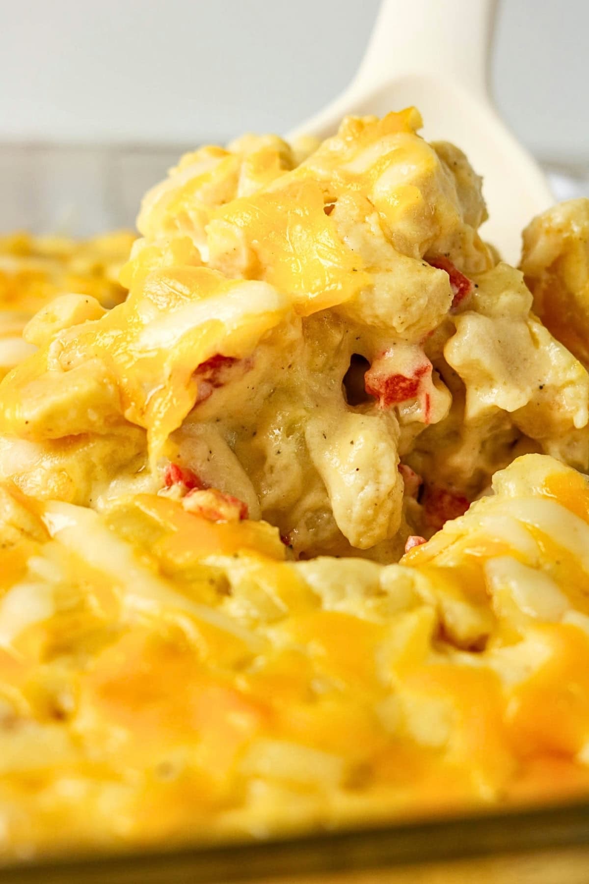 Cheesy casserole with chicken, peppers, and melted cheese on top.