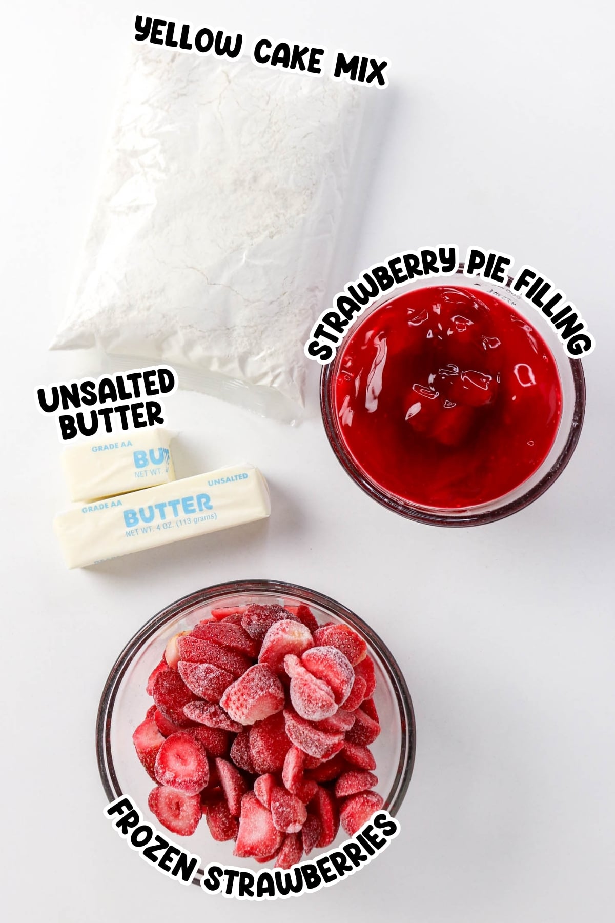 Yellow cake mix, unsalted butter, strawberry pie filling, frozen strawberries.