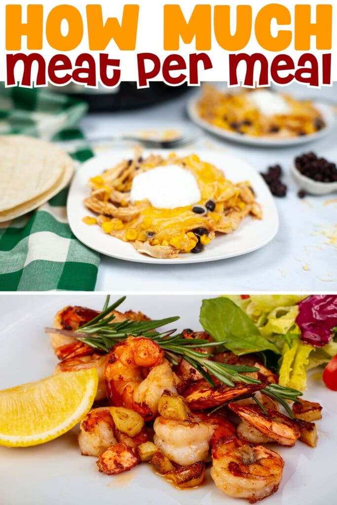 Cheesy meat dish on a plate, and grilled shrimp with lemon and salad.