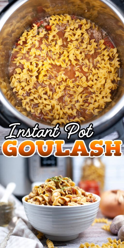 Dry pasta in an Instant Pot and a bowl of cooked goulash with garnish.