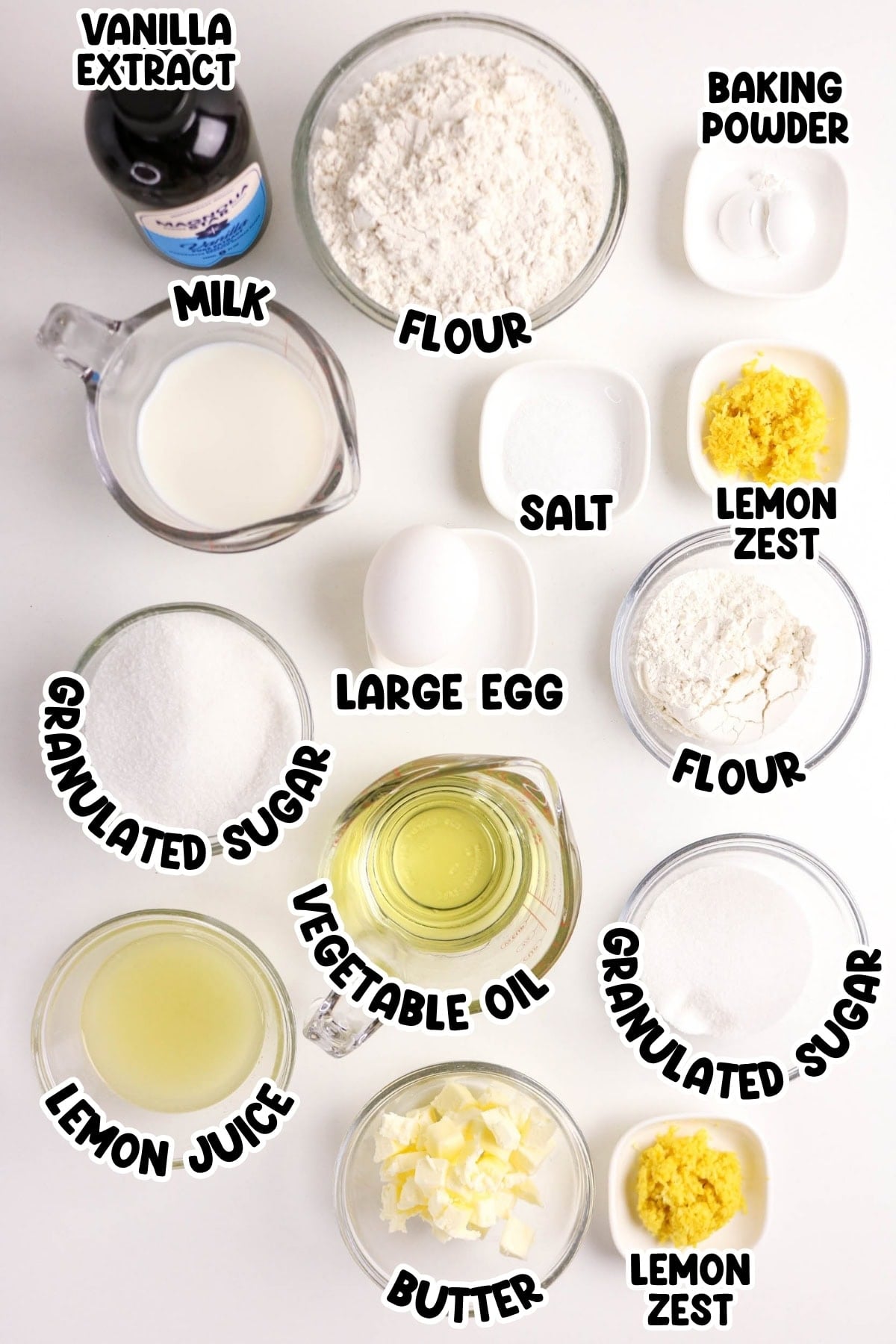 Flour, sugar, milk, egg, oil, butter, lemon juice/zest, salt, vanilla.