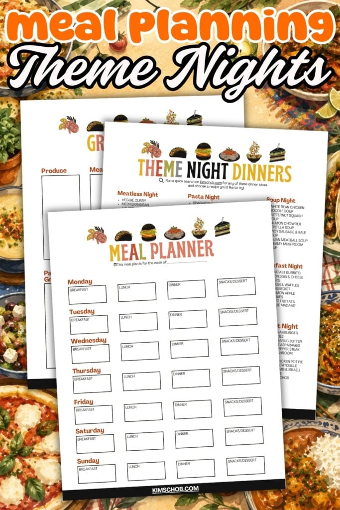 Meal planning sheets with theme night ideas and meal slots for each day.