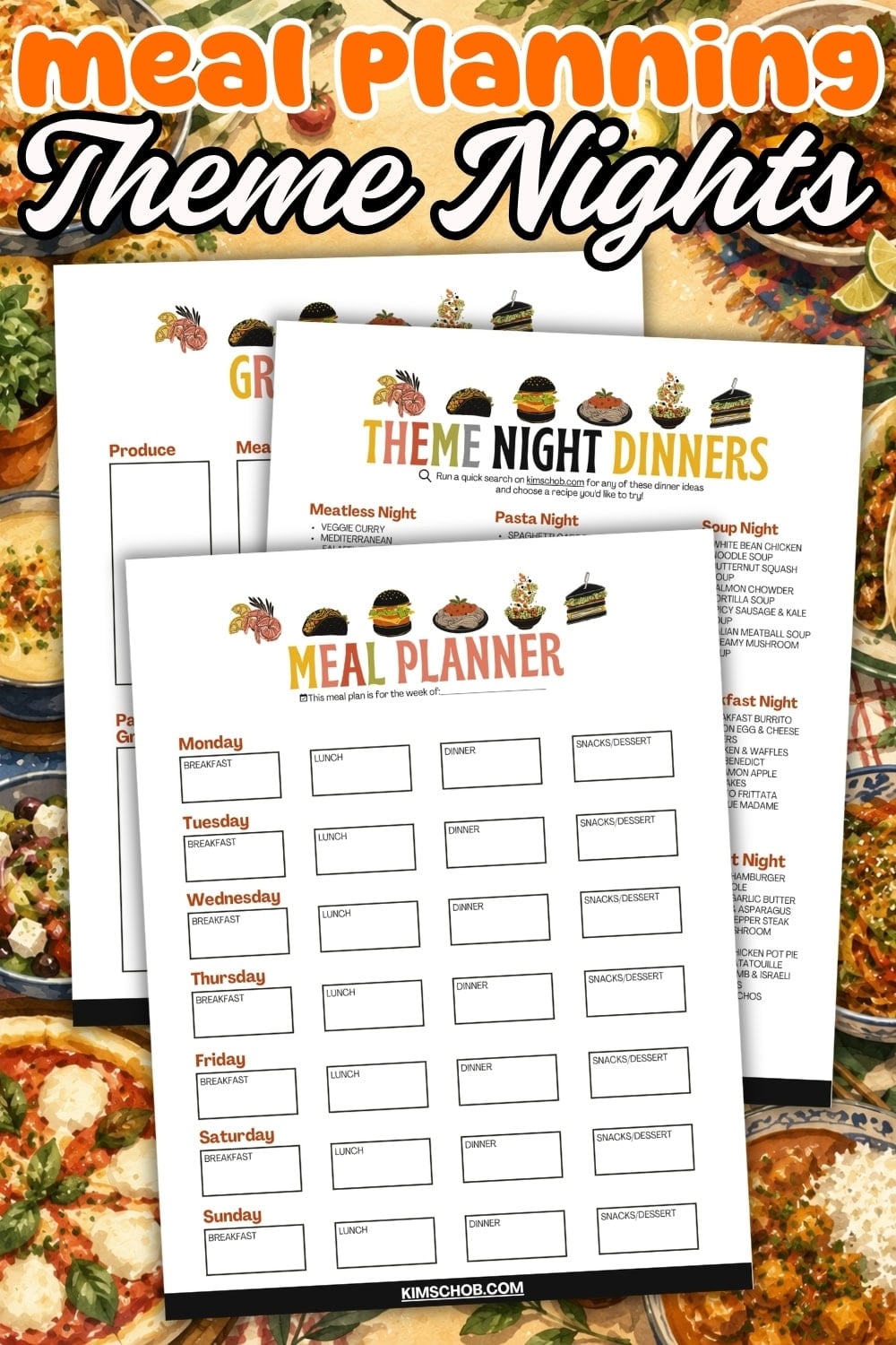 Meal planning sheets with theme night ideas and meal slots for each day.