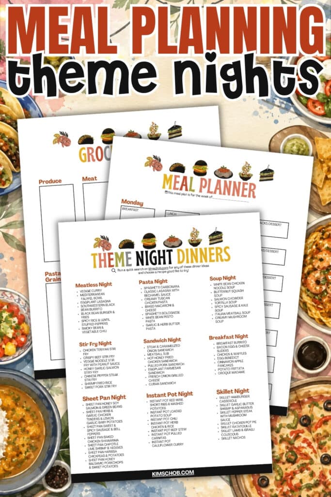 Three meal planning worksheets surrounded by colorful plated dishes on a table.
