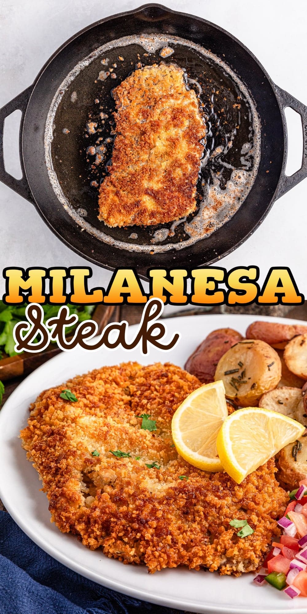 Breaded steak frying in a pan and served with lemon and potatoes on a plate.