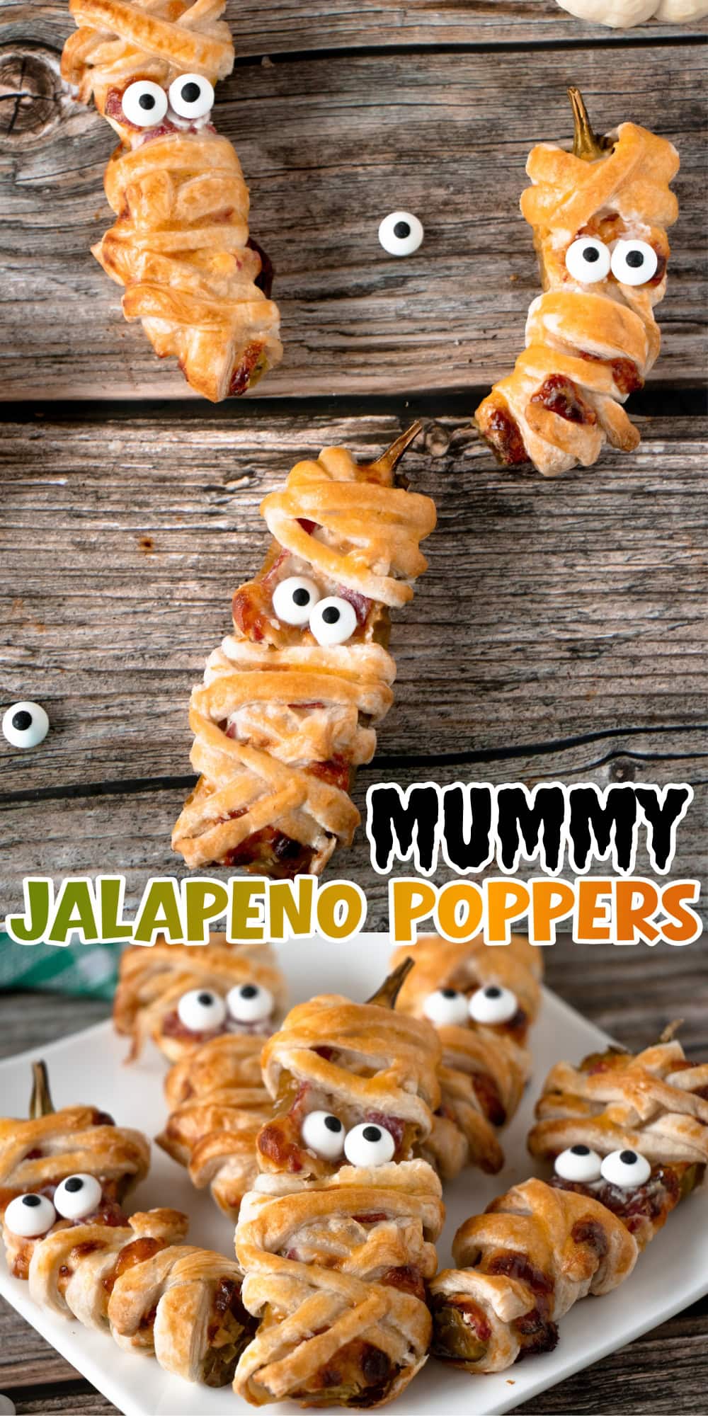 Jalapeño poppers wrapped in pastry to look like mummies with candy eyes.