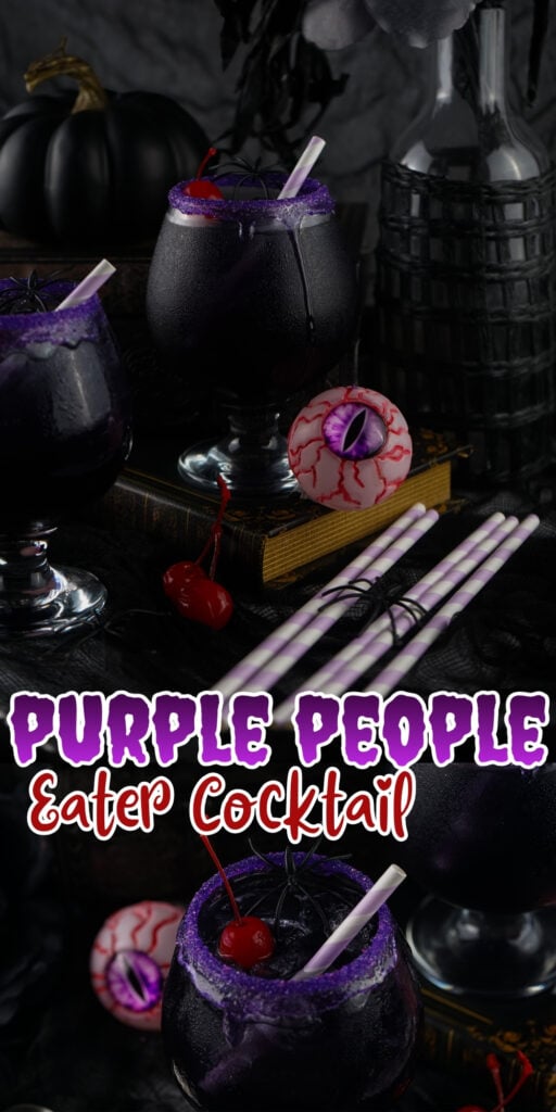 Purple cocktails with cherries, fake eyeballs, and Halloween decorations.