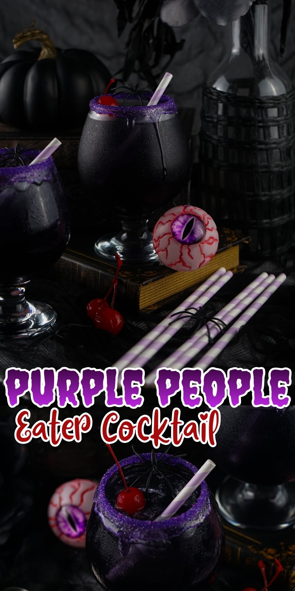 Purple cocktails with cherries, fake eyeballs, and Halloween decorations.
