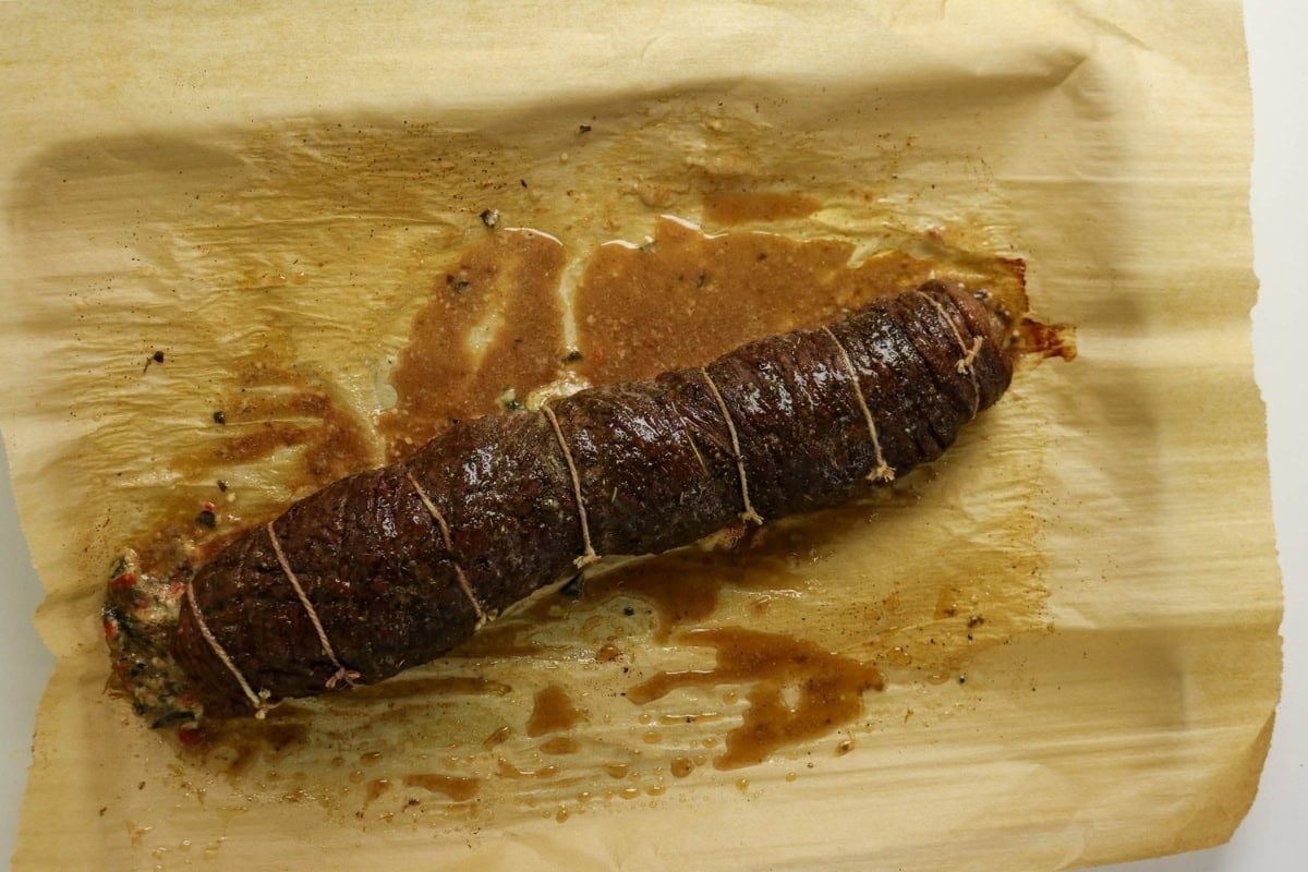 A cooked, tied roulade rests on parchment paper, surrounded by its meat juices.