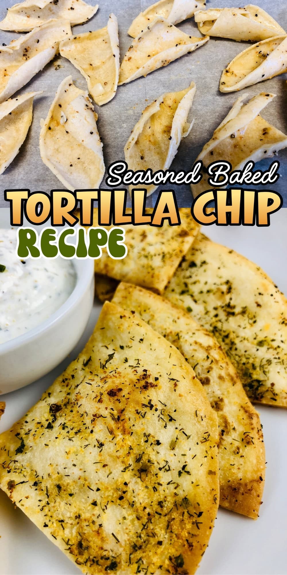 Baked tortilla chips with herbs, served with dip, displayed on a white plate.