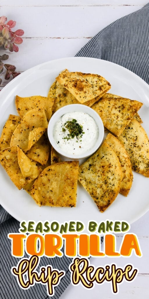Seasoned baked tortilla chip recipe with dip, served on a white plate.