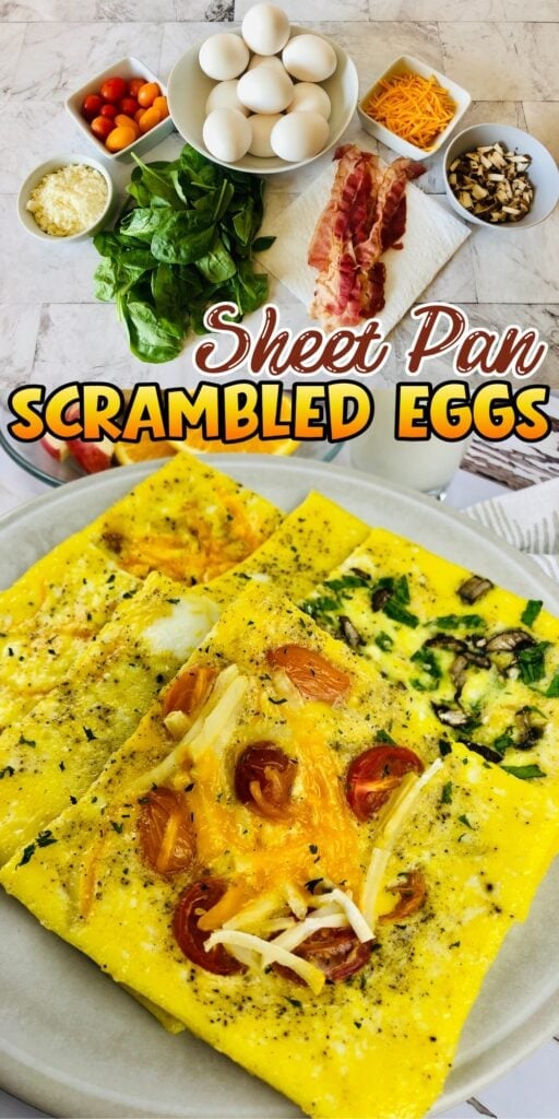 Sheet pan scrambled eggs with toppings, cooked and served on a plate.