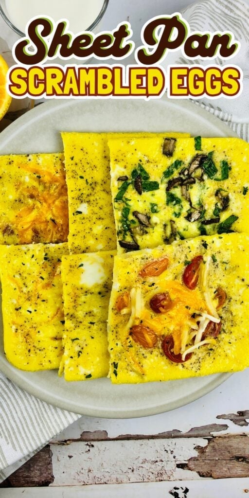 Four square pieces of baked scrambled eggs with various toppings on a plate.