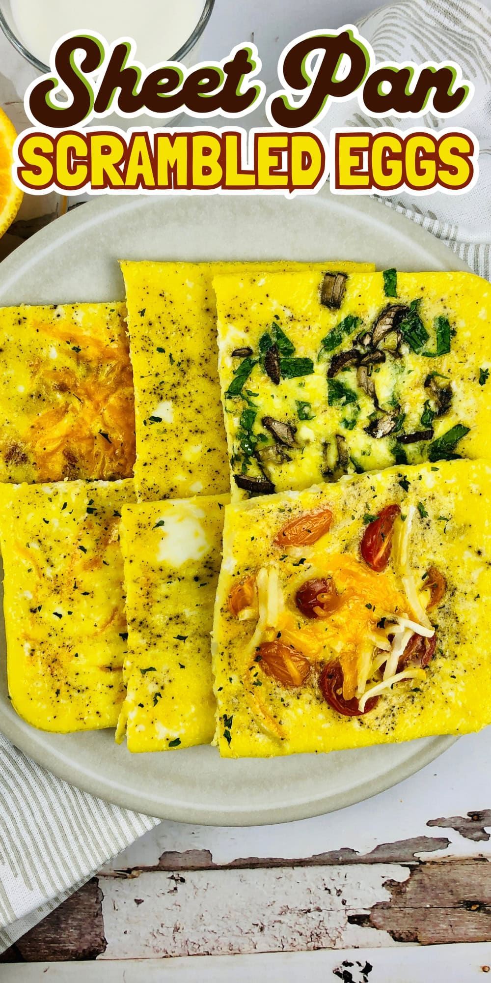 Four square pieces of baked scrambled eggs with various toppings on a plate.
