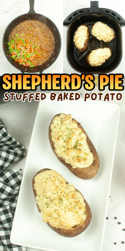 Two stuffed baked potatoes on a plate, with filling in a pan and an air fryer.