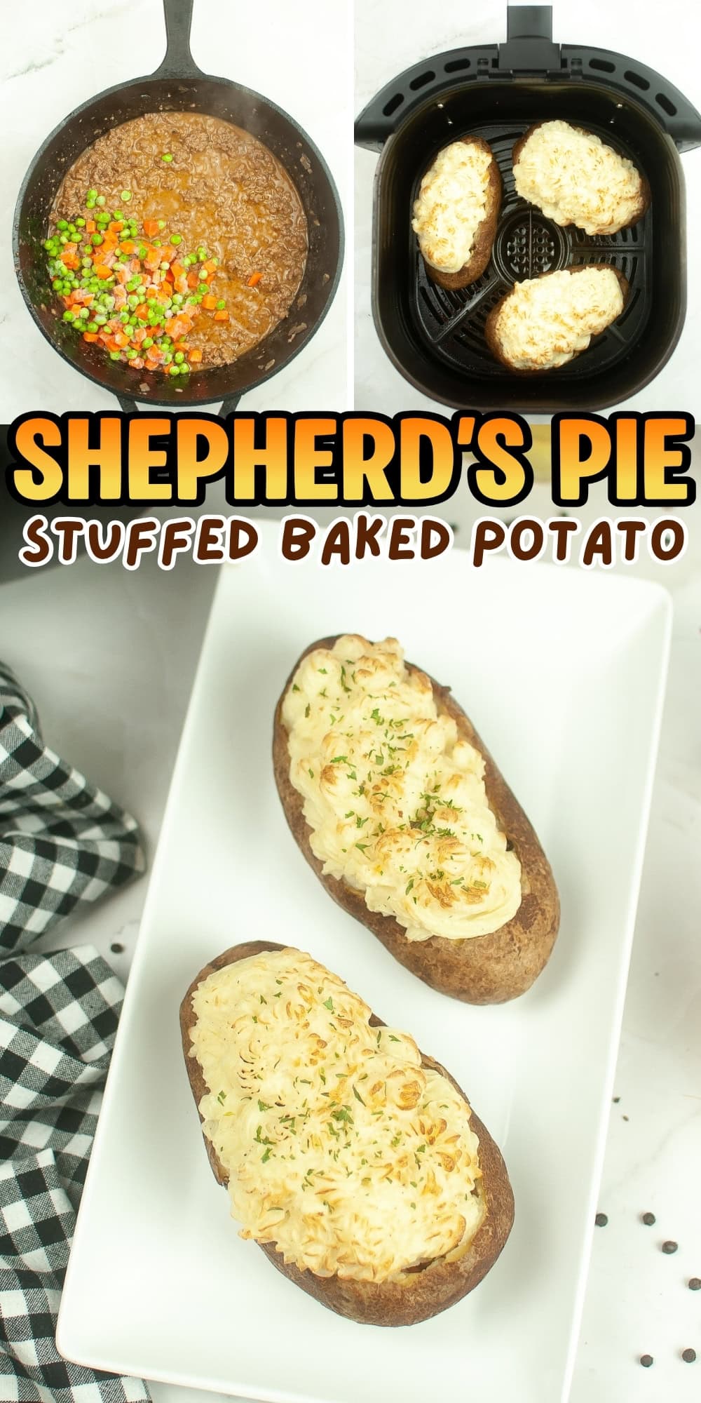 Two stuffed baked potatoes on a plate, with filling in a pan and an air fryer.
