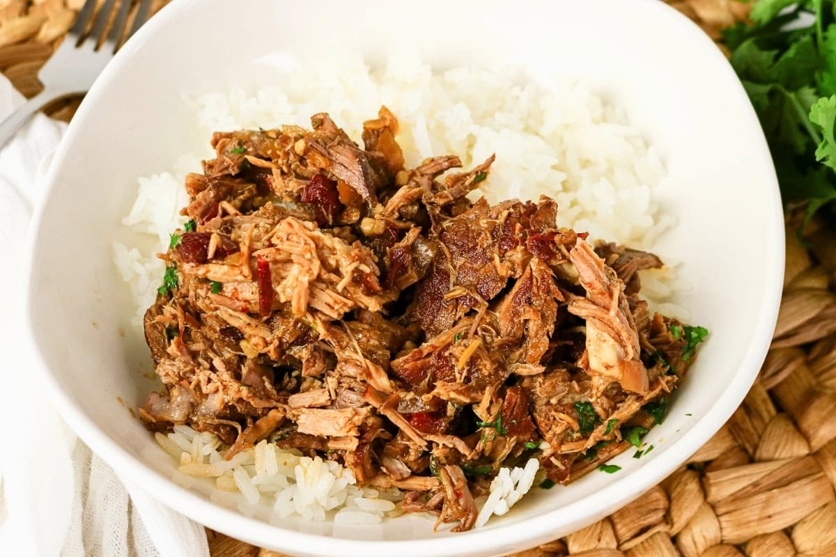 Shredded pork on white rice in a white bowl, garnished with herbs.