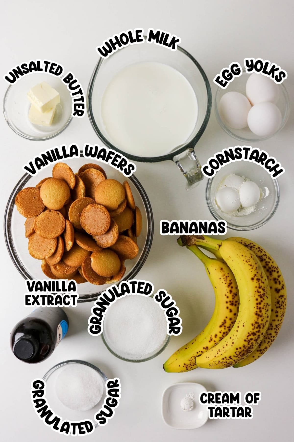 Banana pudding: milk, egg yolks, cornstarch, bananas, sugar, wafers, butter, vanilla.