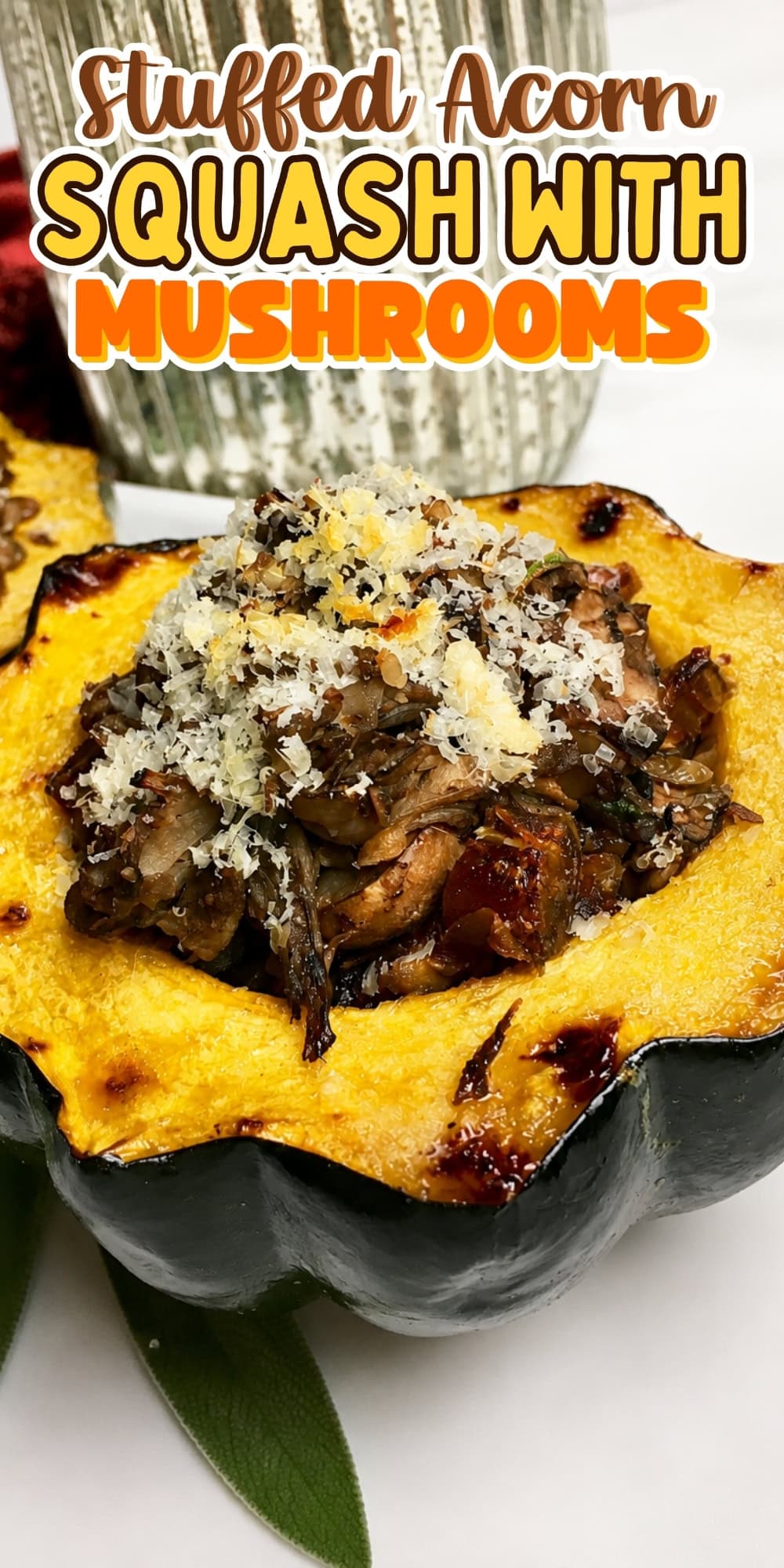 Stuffed acorn squash filled with mushrooms, topped with grated cheese.