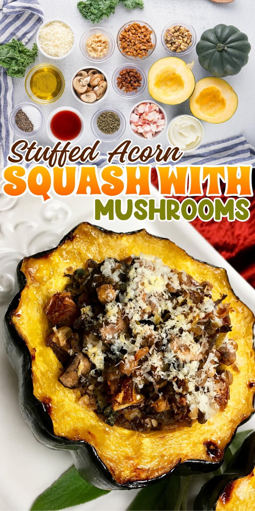 Baked acorn squash stuffed with mushrooms, herbs, and parmesan cheese.